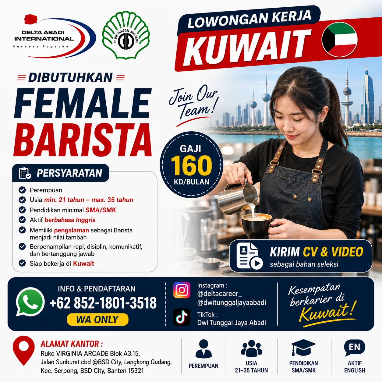 Lowongan Kerja Resmi Female Barista Kuwait & Timur Tengah